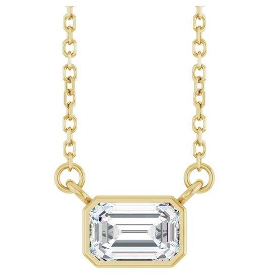 14K Yellow Gold Emerald 6 X 4Mm Vs, F-G Polished 1/2 Ct Lab Grown Diamond Solitaire Bezel-Set 18 In Necklace