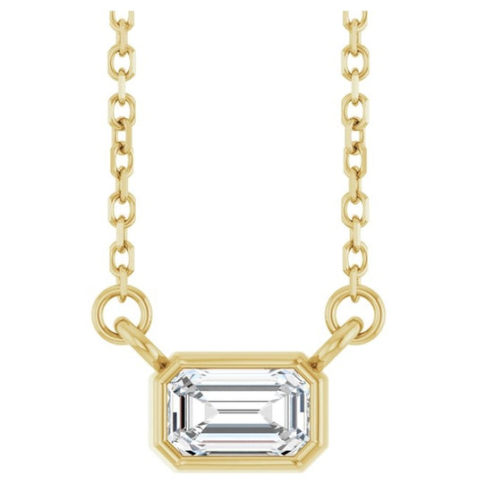 14K Yellow Gold Emerald 5 X 3Mm Si, Ghi Polished 1/3 Ct Lab Grown Diamond Solitaire Bezel-Set 18 In Necklace