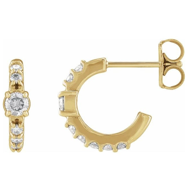 14K Yellow Gold Round 12 Mm 3.4 Mm 3Mm I1, G-H Pair Friction Backs  Polished 3/8 Ctw Natural Diamond Hoop Earrings