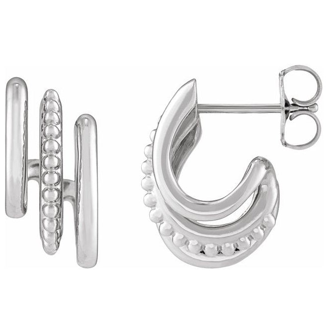 14K Yellow Gold Or Sterling Silver 15.2 Mm 7.3 Mm Pair Friction Backs Polished Beaded Hoop Stack Earring