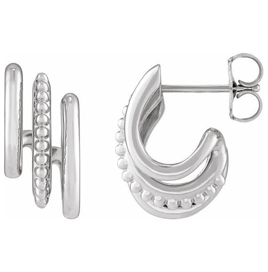 14K Yellow Gold Or Sterling Silver 15.2 Mm 7.3 Mm Pair Friction Backs Polished Beaded Hoop Stack Earring