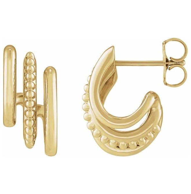 14K Yellow Gold Or Sterling Silver 15.2 Mm 7.3 Mm Pair Friction Backs Polished Beaded Hoop Stack Earring