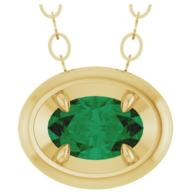 14K Yellow Gold Oval 6 X 4 Mm 18 In Polished Lab-Grown Emerald Solitaire Necklace