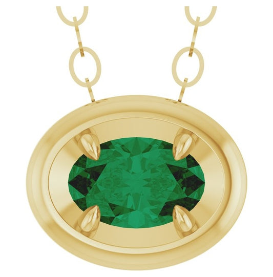14K Yellow Gold Oval 6 X 4 Mm 18 In Polished Lab-Grown Emerald Solitaire Necklace
