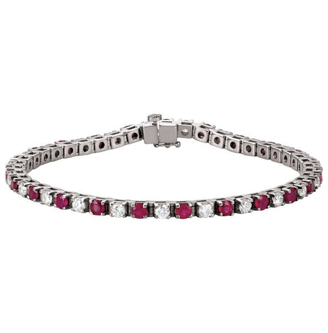 14K White Gold Round 3Mm Vs, F+ 7 In Polished Lab-Grown Ruby And Diamond Line Bracelet
