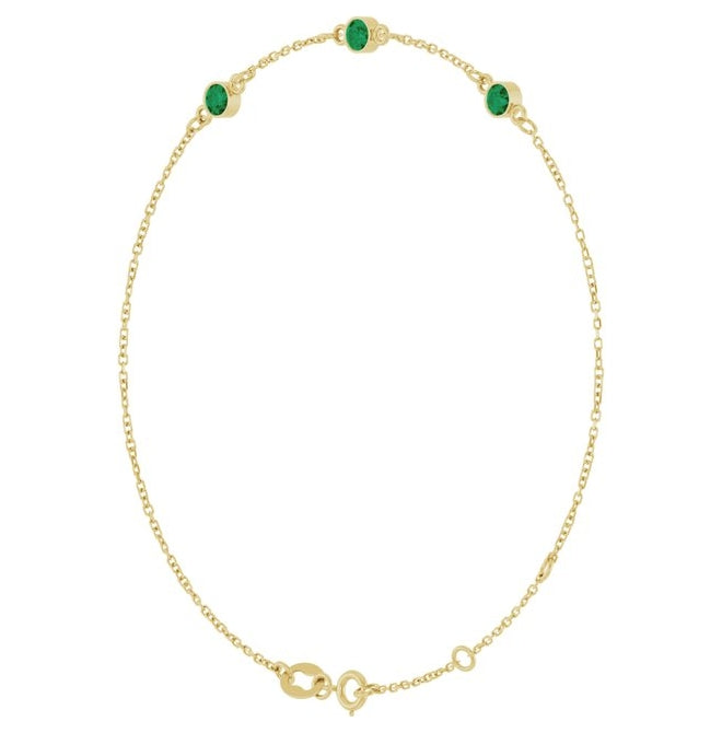 14K Yellow Or White  Gold Or Sterling Silver 3-Stone Round 3 Mm 25.9 X 1.7 Mm 6 1/2-7 1/2 In Polished Lab-Grown Emerald Bezel-Set Bracelet