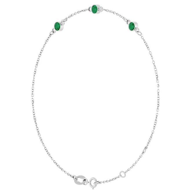 14K Yellow Or White  Gold Or Sterling Silver 3-Stone Round 3 Mm 25.9 X 1.7 Mm 6 1/2-7 1/2 In Polished Lab-Grown Emerald Bezel-Set Bracelet