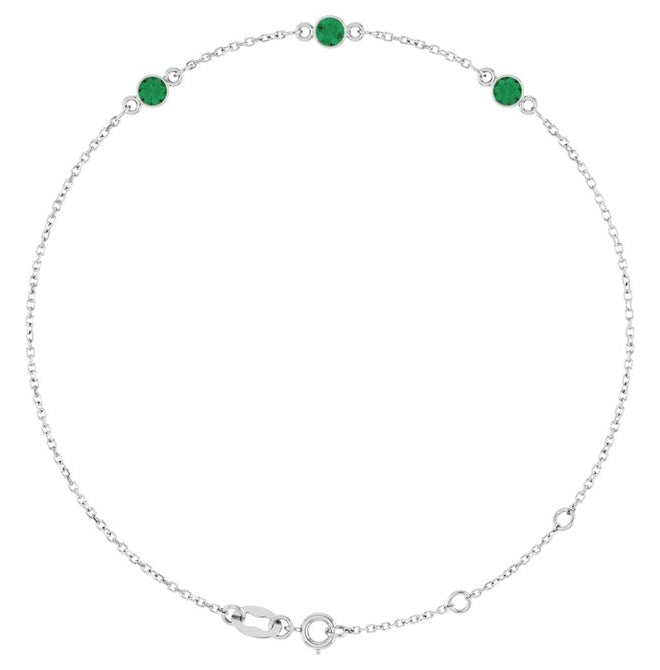 14K Yellow Or White  Gold Or Sterling Silver 3-Stone Round 3 Mm 25.9 X 1.7 Mm 6 1/2-7 1/2 In Polished Lab-Grown Emerald Bezel-Set Bracelet