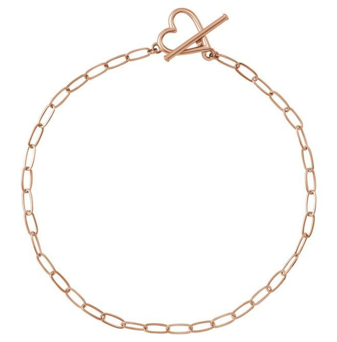 14K Rose Gold 6 In Polished Paperclip-Style Chain Heart Toggle Bracelet
