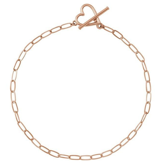 14K Rose Gold 6 In Polished Paperclip-Style Chain Heart Toggle Bracelet