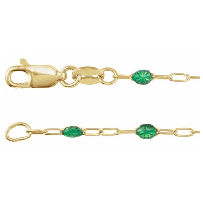 14K Yellow Gold-Filled 1.6 mm Enamel Bead Paperclip-Style Lobster Clasp 7" Chain