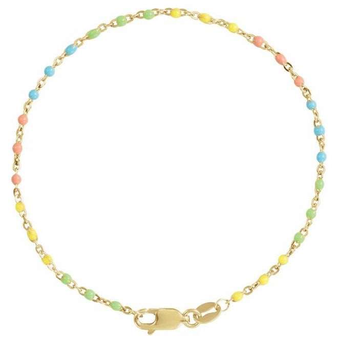 14K Yellow Gold-Filled 1.7 Mm 7 In Polished Multicolor Enamel Bead Cable Chain With Lobster Clasp