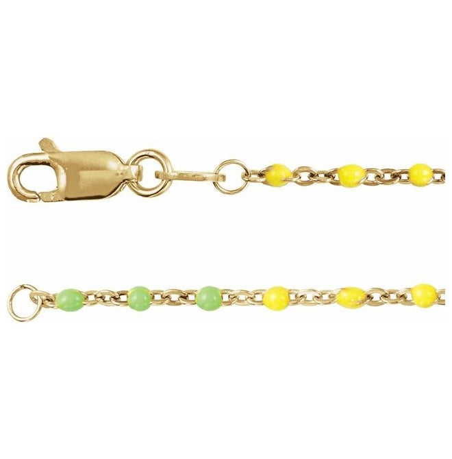 14K Yellow Gold-Filled Cable 1.7 Mm Polished Multicolor Enamel Bead Cable Chain With Lobster Clasp