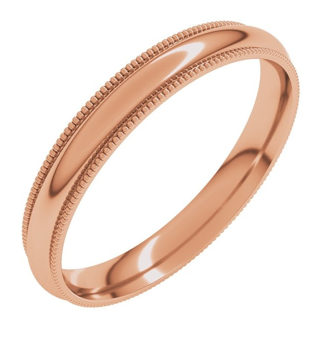10K Rose Gold 3mm Milgrain Comfort-Fit Half Round Band Size 8.5