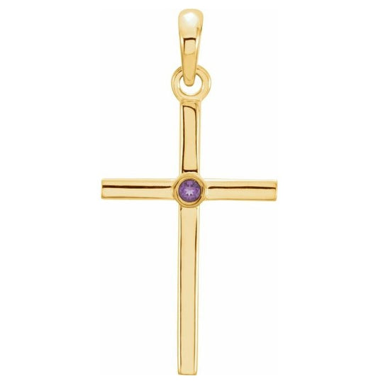 14K Yellow Gold Round  1.5 Mm Polished Natural Amethyst Cross Pendant