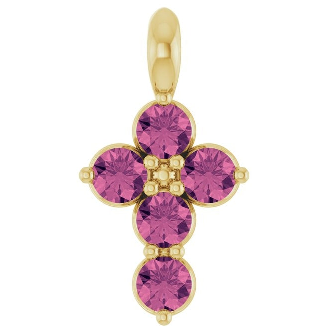 14K Yellow Gold  Round 2 Mm 11.5 X 6.1 Mm Polished Natural Pink Tourmaline Cross Pendant