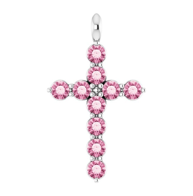 14K White Gold  Round 2 Mm 18.4 X 10.8 Mm Polished Natural Pink Tourmaline Cross Pendant