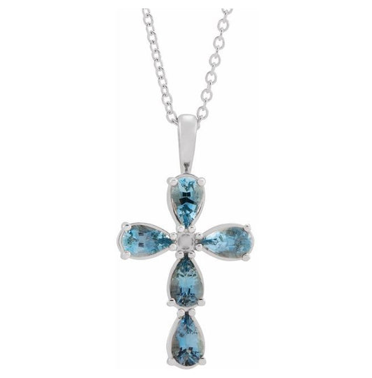14K White Gold 5 X 3 Mm 16-18 In Polished Natural Aquamarine Cross Necklace