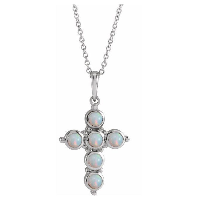 14K White Gold Round 3 Mm 16-18 In Polished Natural White Ethiopian Opal Cabochon Cross Necklace