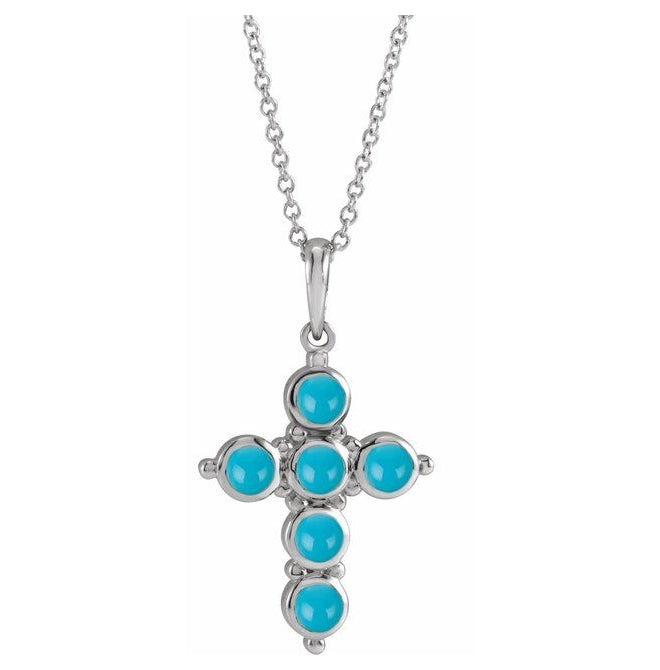 14K White Gold Round 3 Mm 16-18 In Polished Natural Turquoise Cabochon Cross Necklace