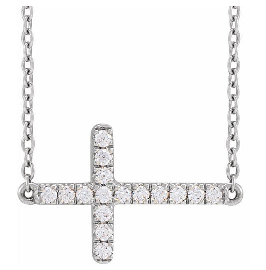 Sterling Silver Round 1.3Mm Si1-Si2, G-H 16-18 In Polished 1/6 Ctw Lab Grown Diamond Sideways Cross Necklace