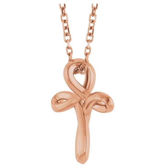 14K Rose Gold 13.4 X 10.4 Mm 16-18 In Polished Freeform Cross Necklace