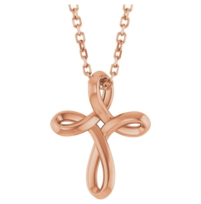 14K Rose Gold 13.4 X 10.4 Mm 16-18 In Polished Freeform Cross Necklace