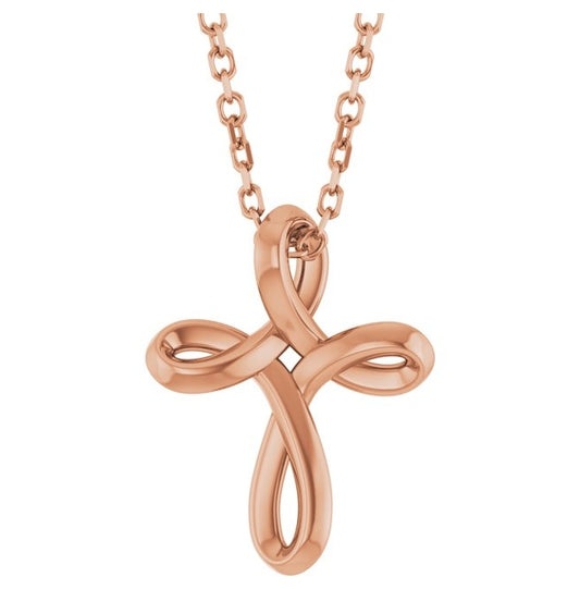 14K Rose Gold 13.4 X 10.4 Mm 16-18 In Polished Freeform Cross Necklace