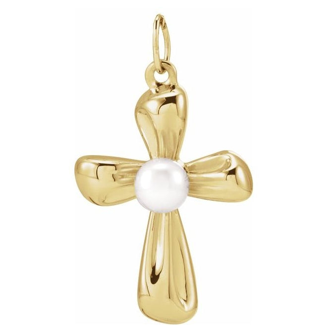 14K Yellow Gold Or Sterling Silver 4 Mm Polished Cultured Freshwater Pearl Cross Pendant