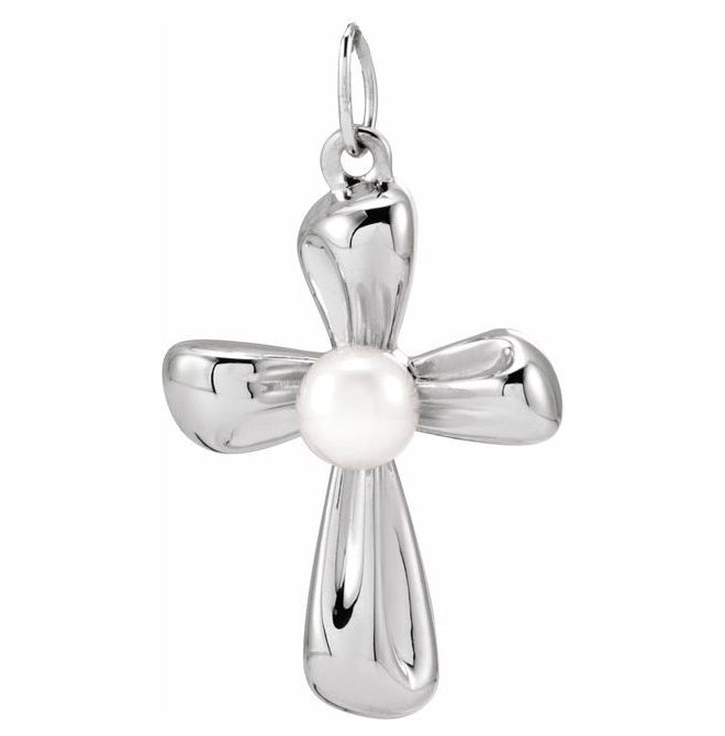 14K Yellow Gold Or Sterling Silver 4 Mm Polished Cultured Freshwater Pearl Cross Pendant