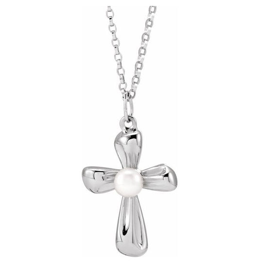 14K Yellow Or White Gold Or Sterling Silver 4 Mm 18 In Polished Cultured Freshwater Pearl Cross Necklace