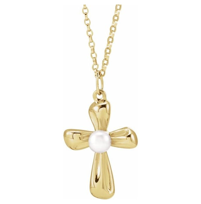 14K Yellow Or White Gold Or Sterling Silver 4 Mm 18 In Polished Cultured Freshwater Pearl Cross Necklace