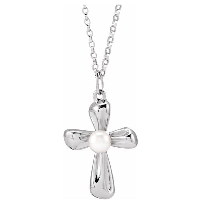 14K Yellow Or White Gold Or Sterling Silver 4 Mm 18 In Polished Cultured Freshwater Pearl Cross Necklace
