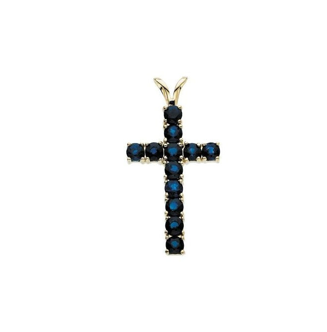 14K Yellow Gold Round 3 Mm Polished Natural Blue Sapphire Cross Pendant