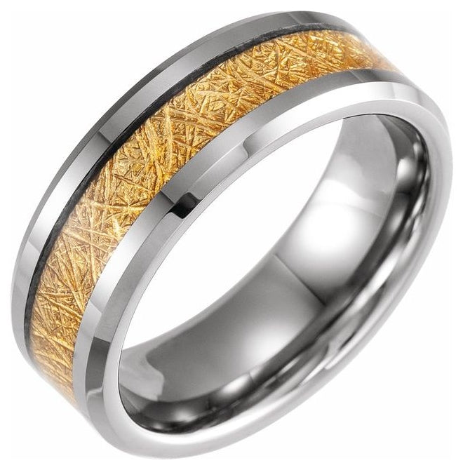 Tungsten 8 mm Beveled-Edge Imitation Gold Meteorite Inlay Comfort-Fit Flat Band
