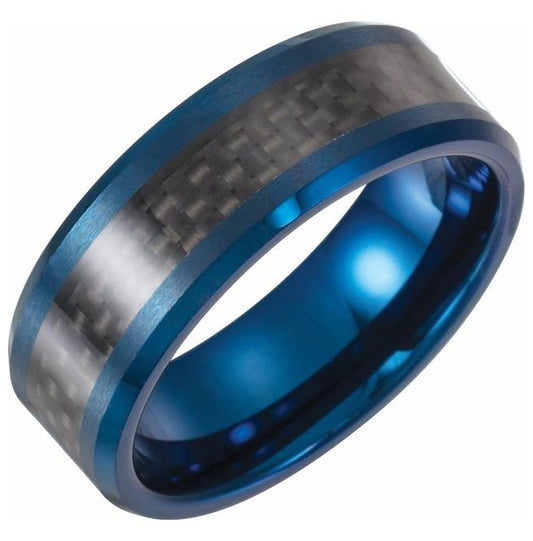 Blue Enameled Tungsten 8 mm Beveled-Edge Carbon Fiber Inlay Comfort-Fit Band Size 8