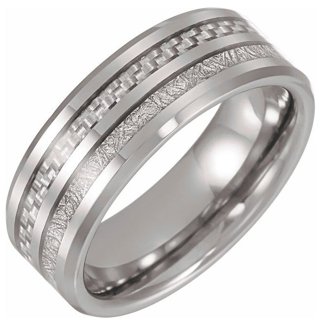 Tungsten 8 mm Beveled-Edge Imitation Meteorite & Carbon Fiber Inlay Comfort-Fit Band