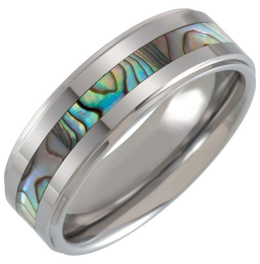 Tungsten 8 mm Stepped-Edge Mother of Pearl Inlay Comfort-Fit Band