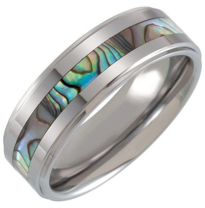 Tungsten 8 mm Stepped-Edge Mother of Pearl Inlay Comfort-Fit Band