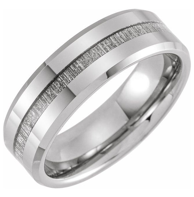Tungsten 8 mm Beveled-Edge Imitation Meteorite Inlay Comfort-Fit Band
