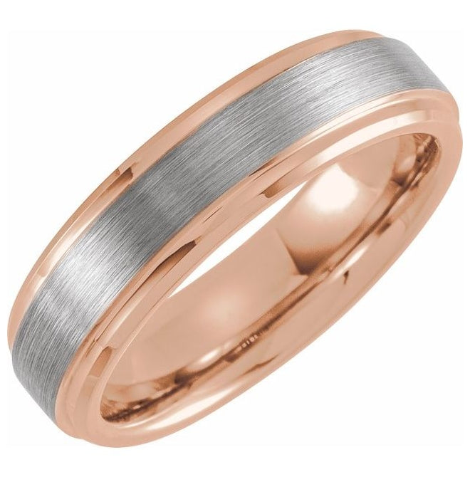 18K Rose Gold PVD & Tungsten Inlay 6 mm Beveled Stepped-Edge Comfort-Fit Band