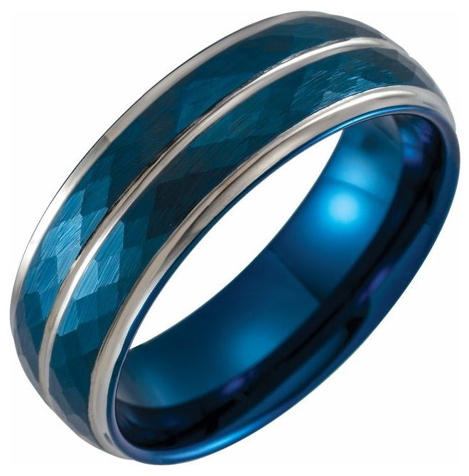 Blue PVD Tungsten 8 mm Stepped-Edge Grooved Comfort-Fit Band
