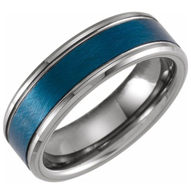 Blue PVD Tungsten 7 mm Beveled-Edge Grooved Inlay Comfort-Fit Band Size 9