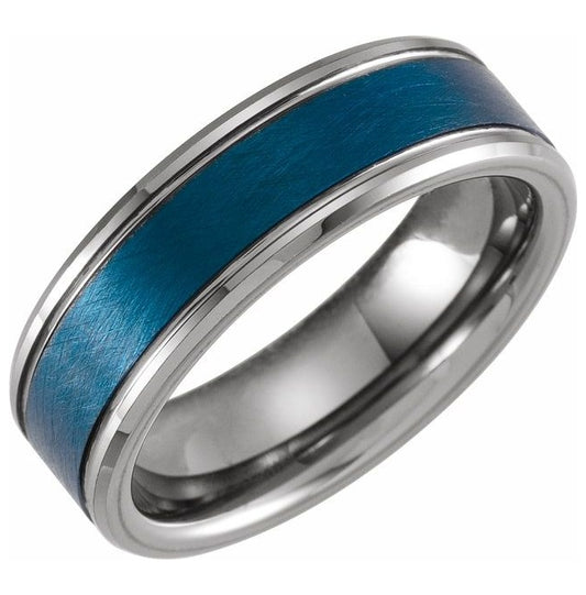 Blue PVD Tungsten 7 mm Beveled-Edge Grooved Inlay Comfort-Fit Band Size 9