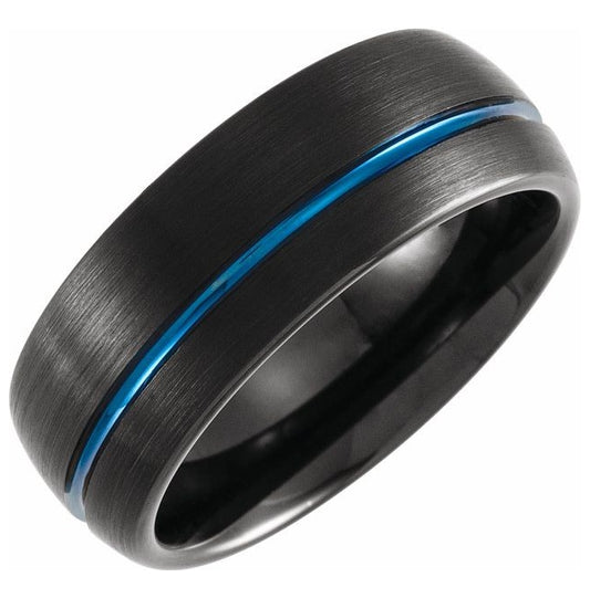 Black & Blue PVD Tungsten 8 mm Grooved Comfort-Fit Half Round Band Size 15
