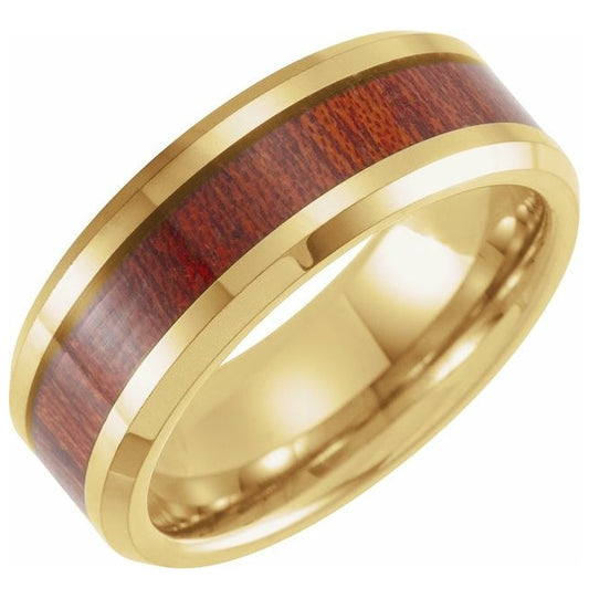 18K Yellow Gold PVD Tungsten 8 mm Beveled-Edge Walnut Wood Inlay Comfort-Fit Band Size 8.5