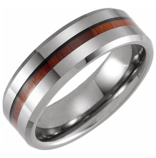 Tungsten 8 mm Beveled-Edge Acacia Wood Inlay Comfort-Fit Band Size 13