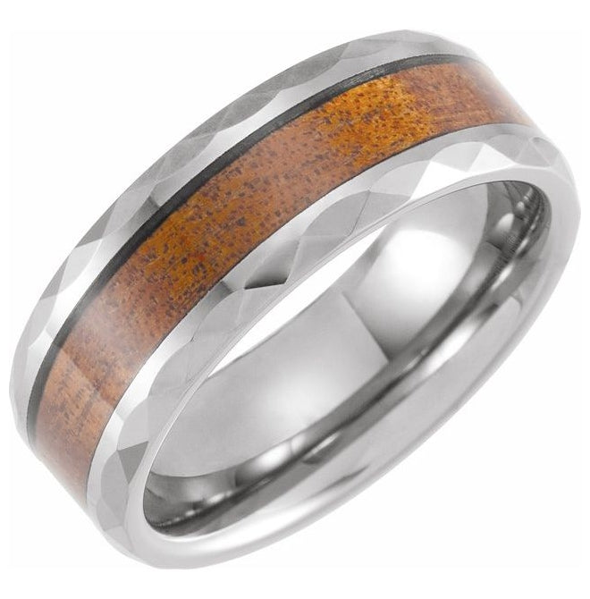 Tungsten 8 mm Geometric Faceted Beveled-Edge Acacia Wood Inlay Comfort-Fit Band