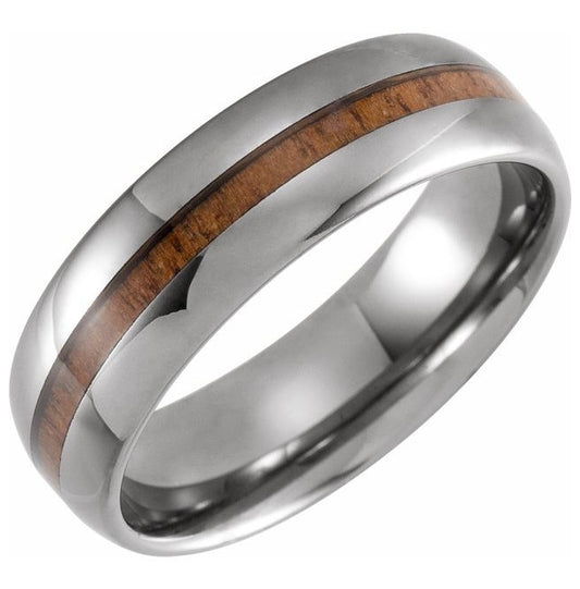 Tungsten 8 mm Acacia Wood Inlay Comfort-Fit Half Round Band