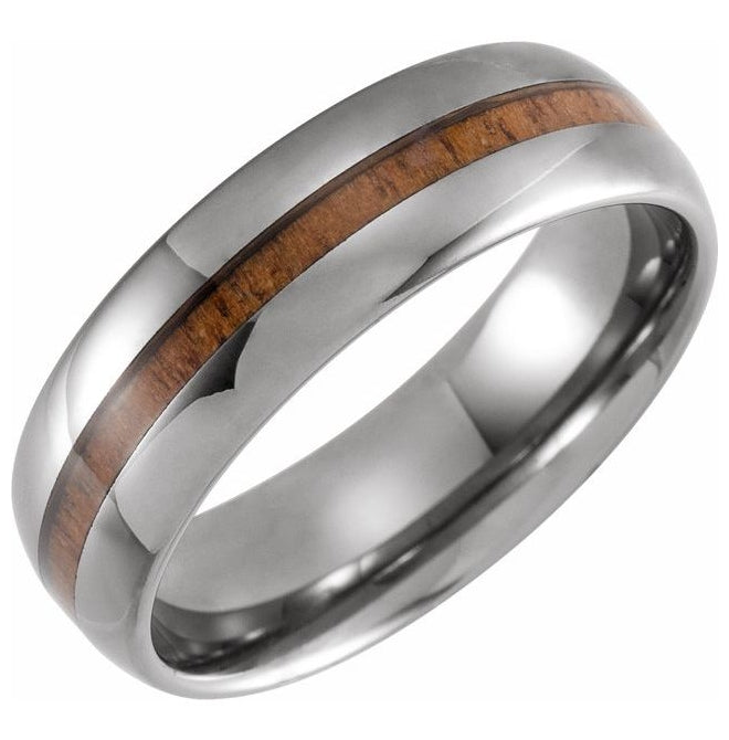 Tungsten 8 mm Acacia Wood Inlay Comfort-Fit Half Round Band